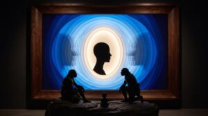 exhibition, museum, silhouette, evolution, glowing, blue, circle, prehistoric, history, artwork, frame, gallery, sculpture, dark, installation, contemplation, conceptual, perception, profile